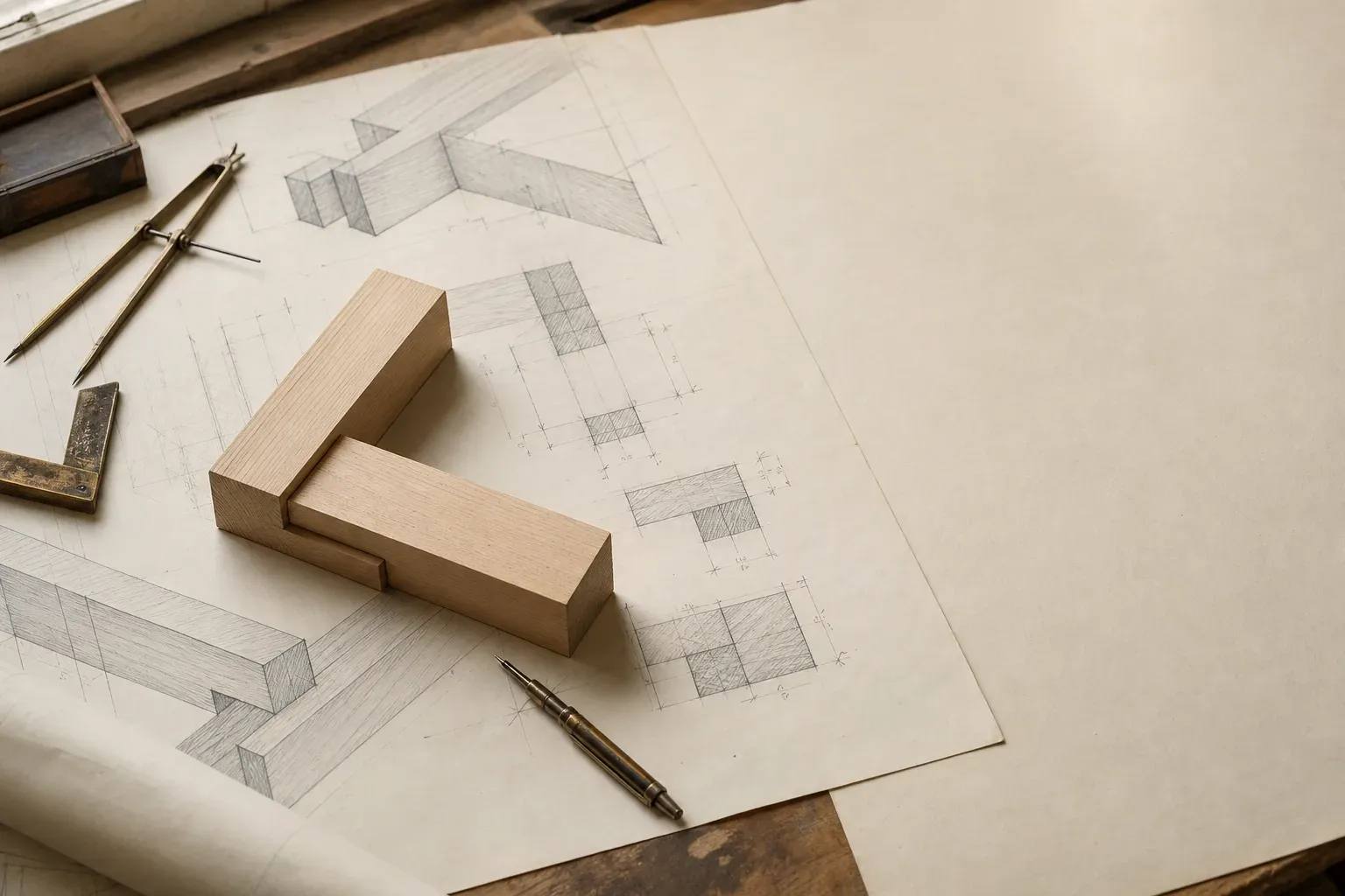 Drafting table with pencil construction drawings of timber joinery, a wood joint sample, and aged-brass drafting tools in warm light.